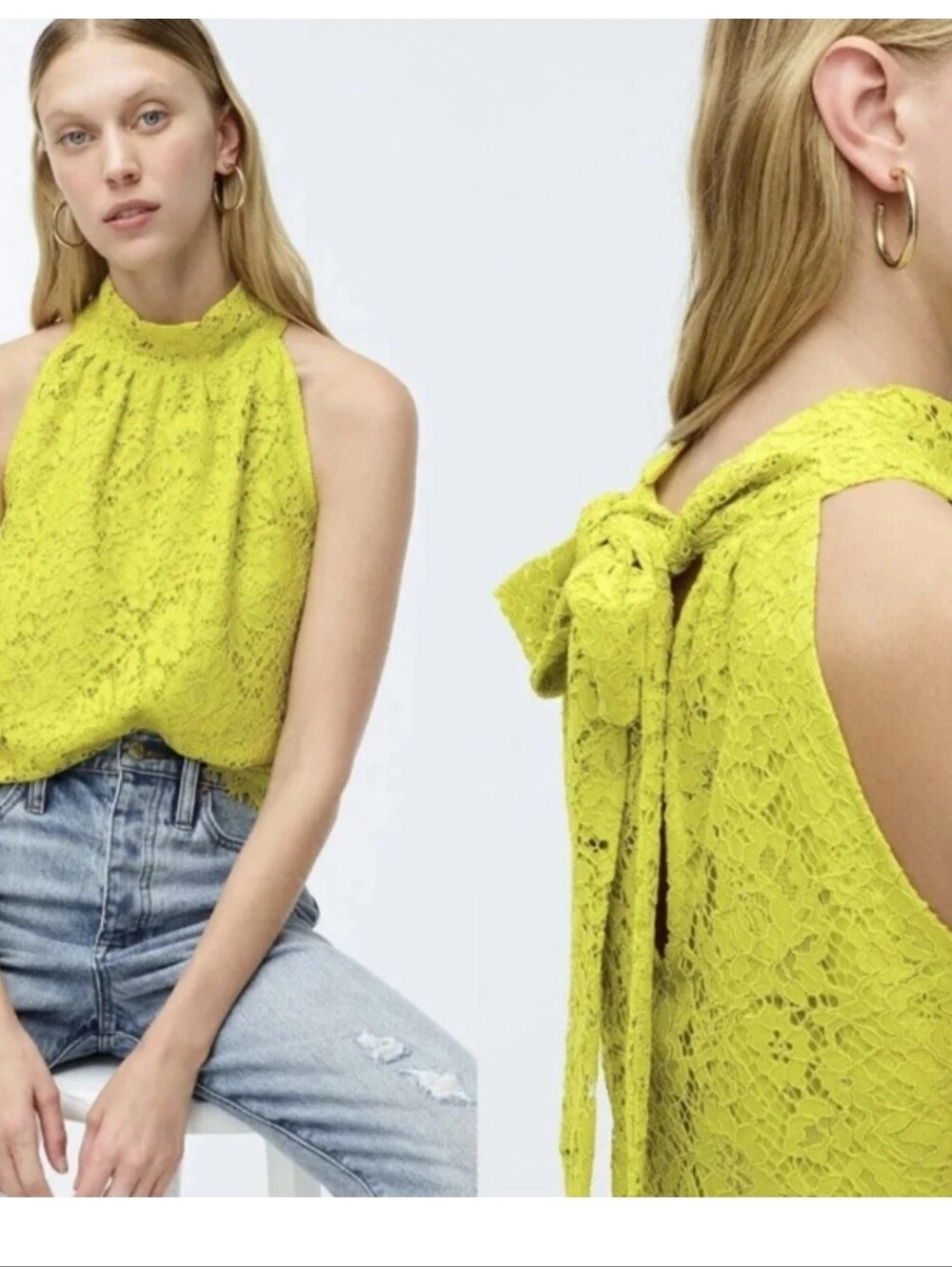 Crew Tie-Neck Lace Career Blouse Top Burnished Chartreuse Color